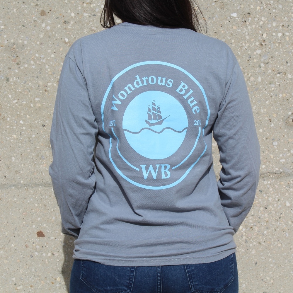 Grey Long Sleeve Ship Graphic Pocket T-Shirt